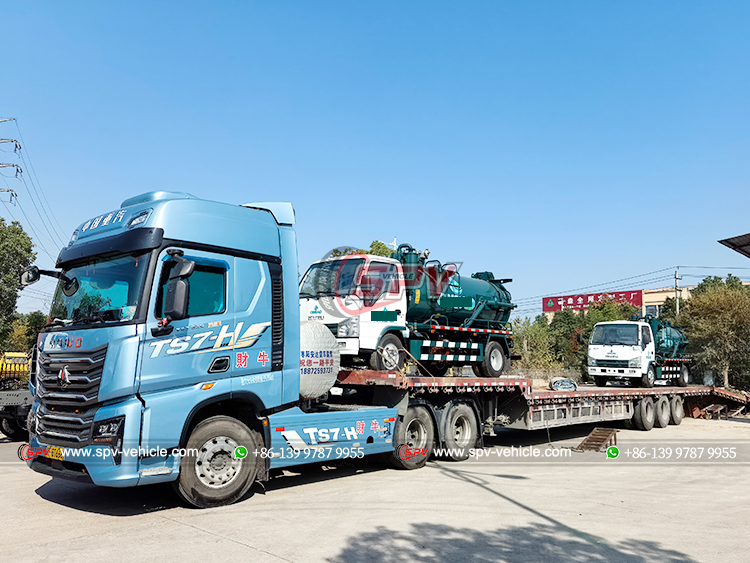 2 Units of ISUZU Sewer Cleaning Trucks (4,000L) Loaded onto Flatbed Truck
